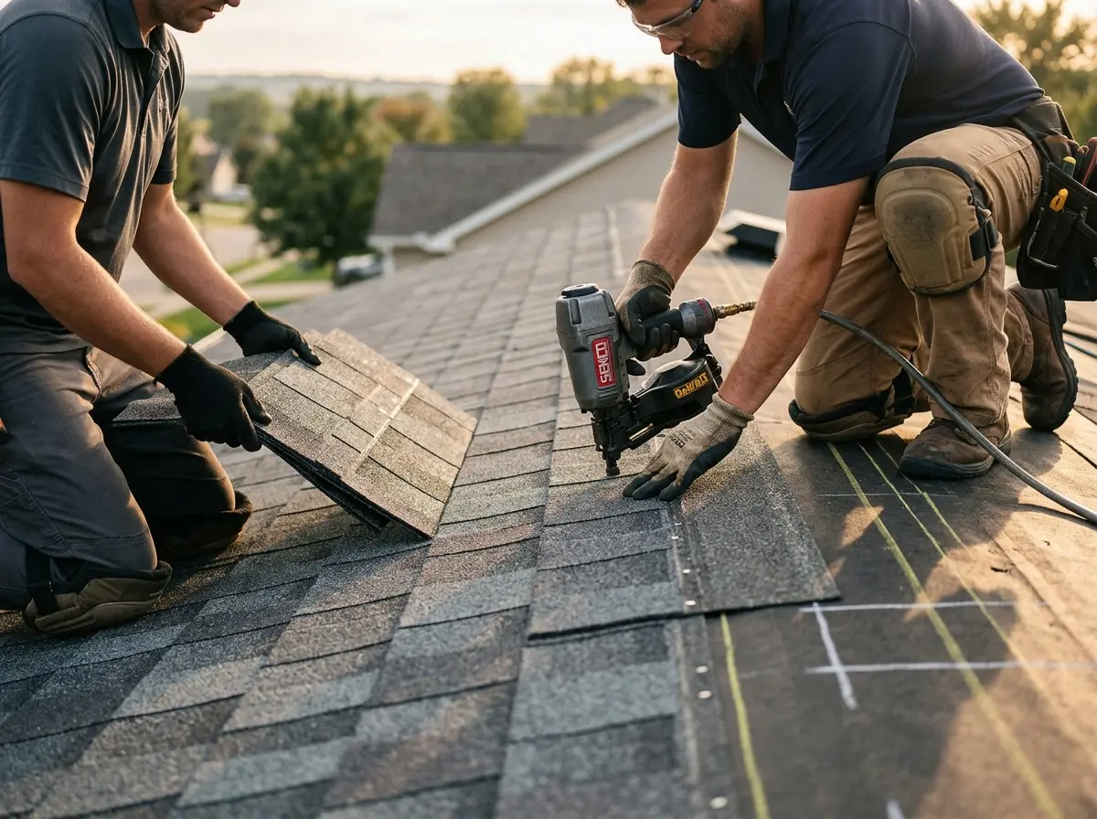 Professional roofer working on a residential roof in Harvest